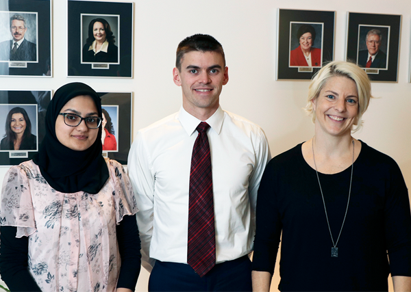 Photo of scholarship award recipients, Fatima Ahmed, Jordan Cascagnette and Mia Kakebeeke.